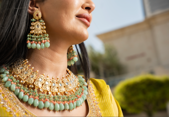 Alisha Sage Green and Gold Kundan and Bead Necklace, Earrings and Teeka Set