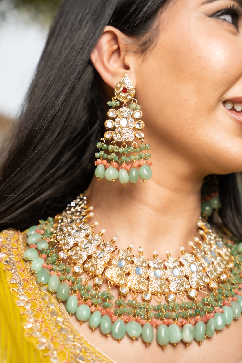 Alisha Aqua Blue and Gold Kundan and Bead Necklace, Earrings and Teeka Set