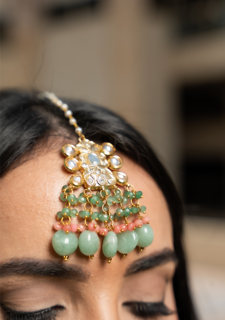 Alisha Aqua Blue and Gold Kundan and Bead Necklace, Earrings and Teeka Set