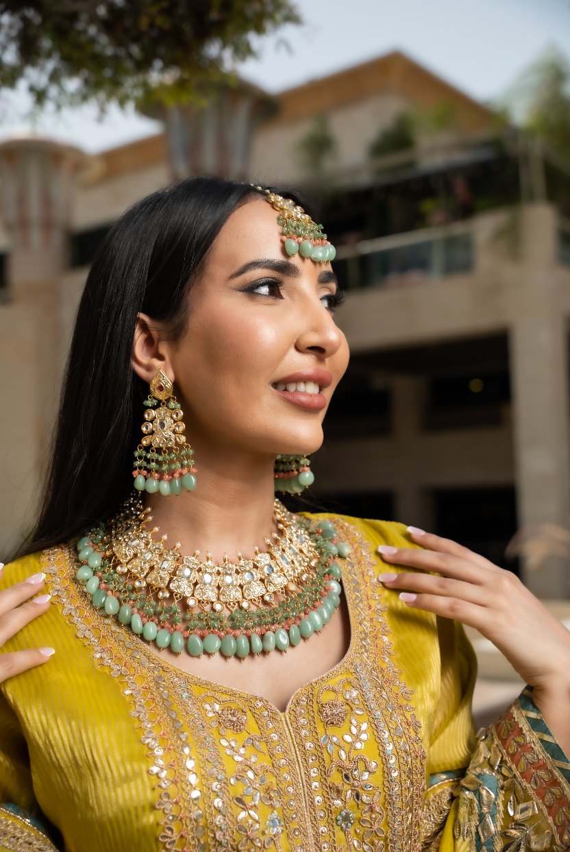 Alisha Aqua Blue and Gold Kundan and Bead Necklace, Earrings and Teeka Set