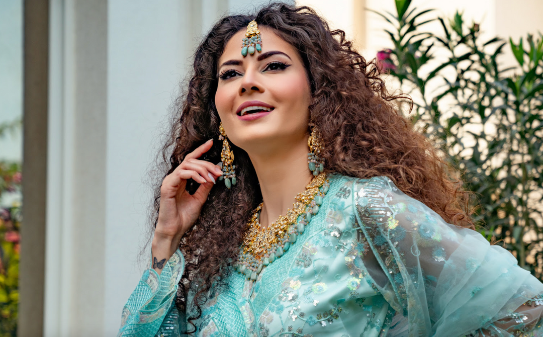 Alisha Aqua Blue and Gold Kundan and Bead Necklace, Earrings and Teeka Set