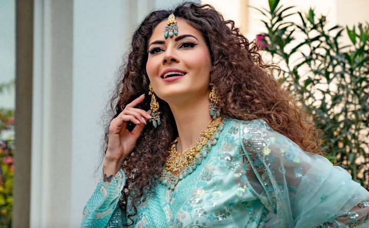 Alisha Aqua Blue and Gold Kundan and Bead Necklace, Earrings and Teeka Set