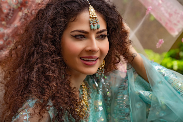 Alisha Aqua Blue and Gold Kundan and Bead Necklace, Earrings and Teeka Set