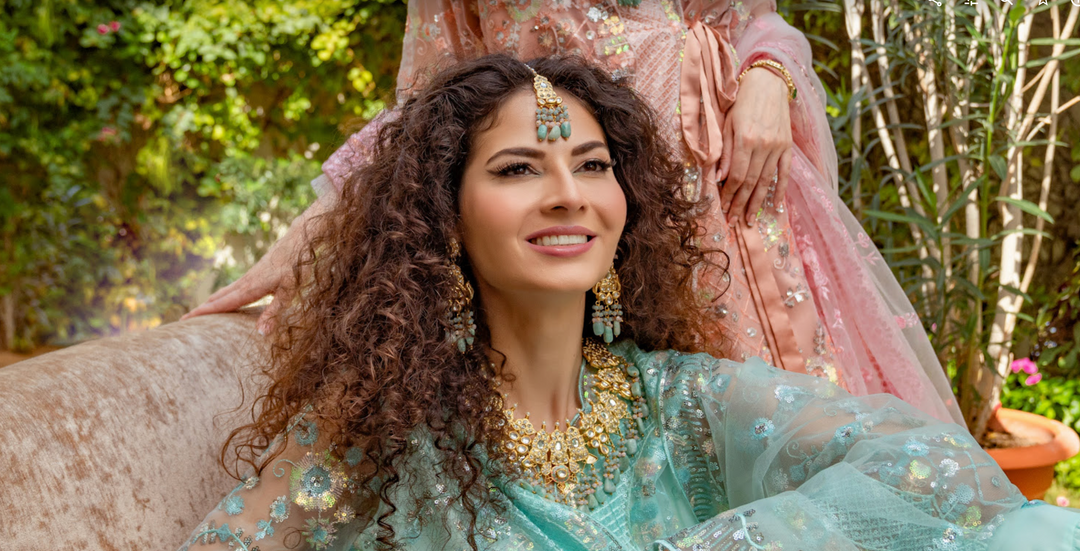 Alisha Aqua Blue and Gold Kundan and Bead Necklace, Earrings and Teeka Set