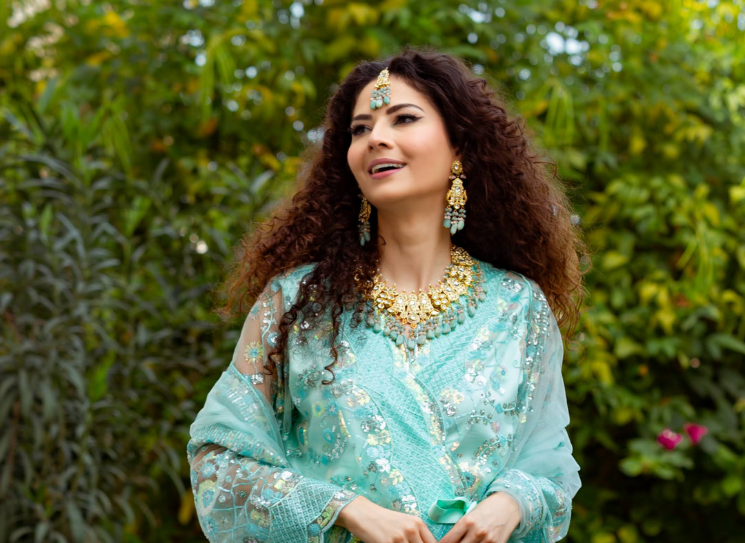 Alisha Aqua Blue and Gold Kundan and Bead Necklace, Earrings and Teeka Set