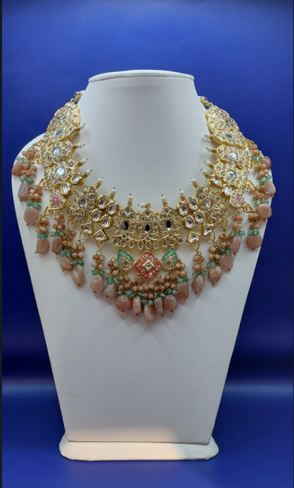 Alisha Sage Green and Gold Kundan and Bead Necklace, Earrings and Teeka Set
