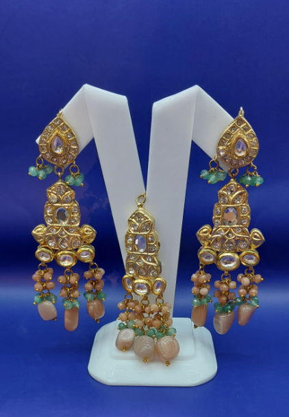 Alisha Sage Green and Gold Kundan and Bead Necklace, Earrings and Teeka Set