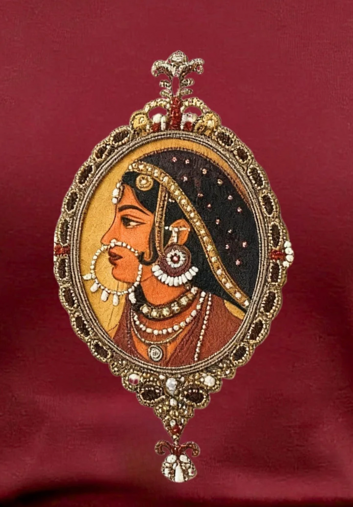 Maroon Embroidered Padmini Miniature Designer T-Shirt | Duchess Kumari