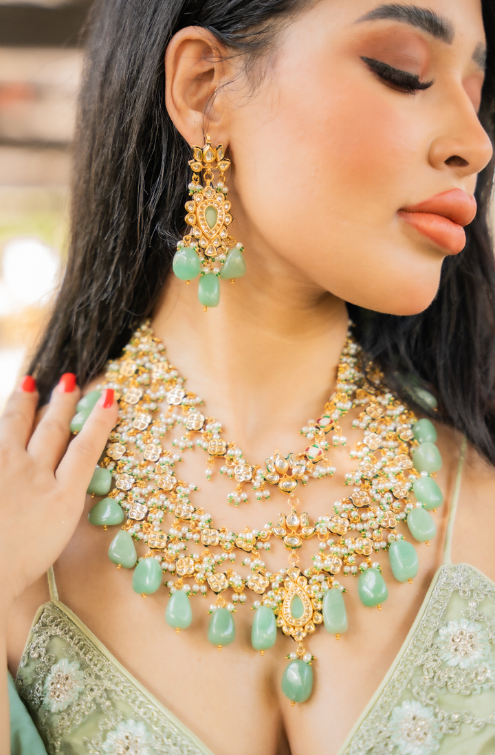 Hera Rose Pink and Gold Three-Tiered Kundan Necklace and Earrings Set|Inaayat by Divya Taimni