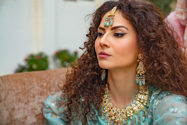 Alisha Sage Green and Gold Kundan and Bead Necklace, Earrings and Teeka Set