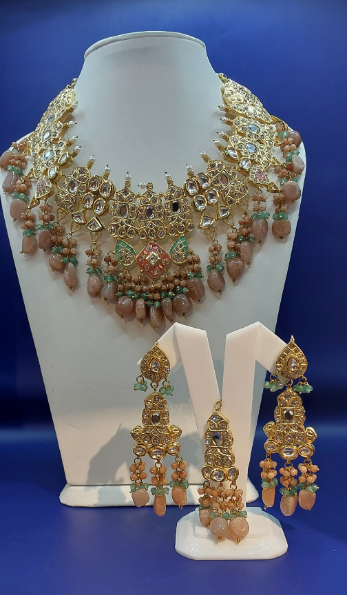 Alisha Sage Green and Gold Kundan and Bead Necklace, Earrings and Teeka Set