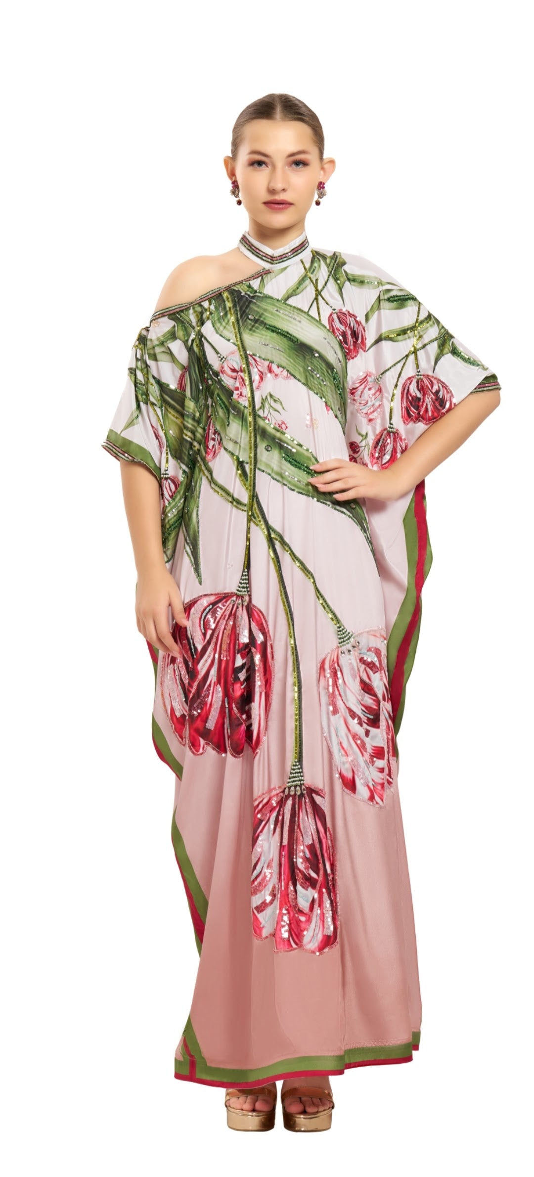 Blush Botanical One-Shoulder Kaftan | Pria Kataaria Puri