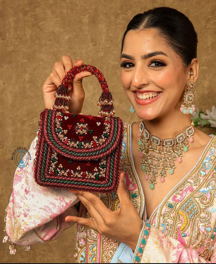 Ornate Maroon and Green Embellished Evening Bag| Al Falah