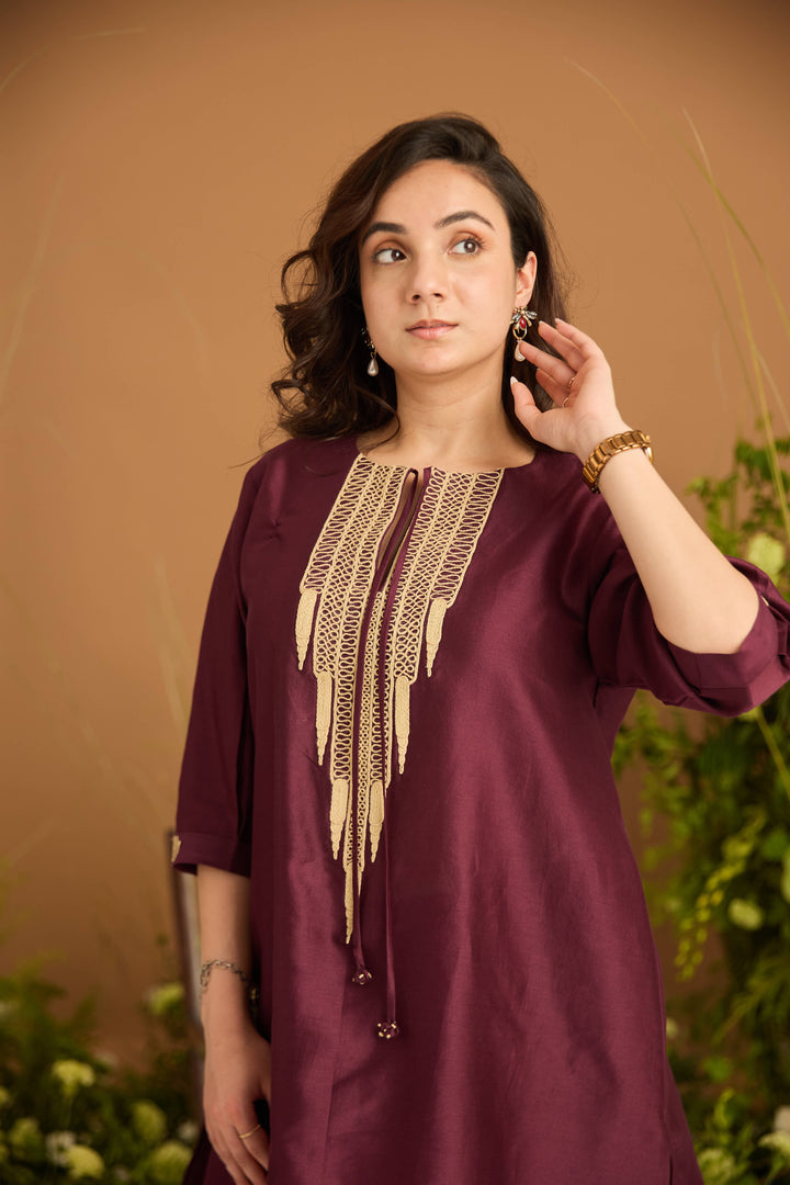 Short Wine Jute Embroidered Kurta Set | Essence by Monika