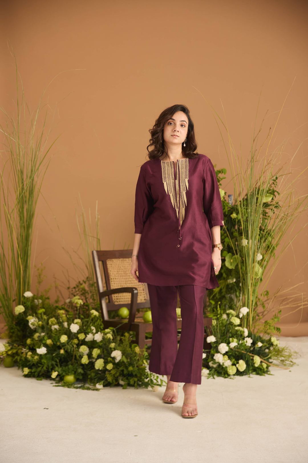 Short Wine Jute Embroidered Kurta Set | Essence by Monika