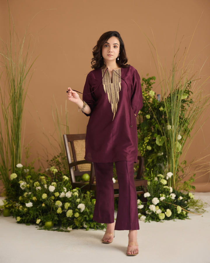 Short Wine Jute Embroidered Kurta Set | Essence by Monika