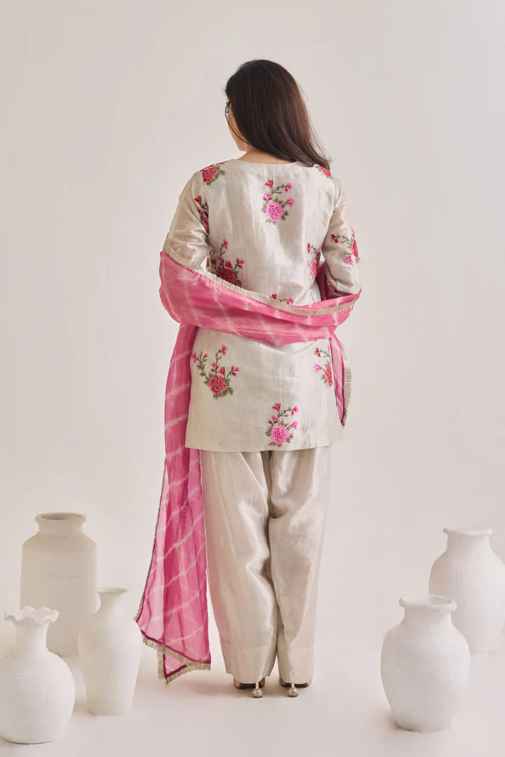 Silver Tissue Farsi Salwar Suit Set with Potli Bag| Essence by Monika