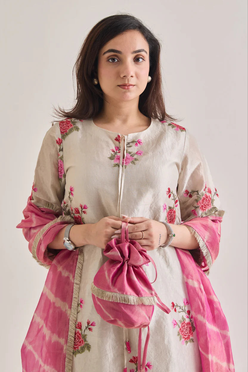 Silver Tissue Farsi Salwar Suit Set with Potli Bag| Essence by Monika