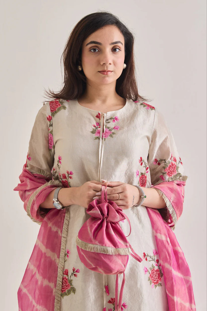 Silver Tissue Farsi Salwar Suit Set with Potli Bag| Essence by Monika