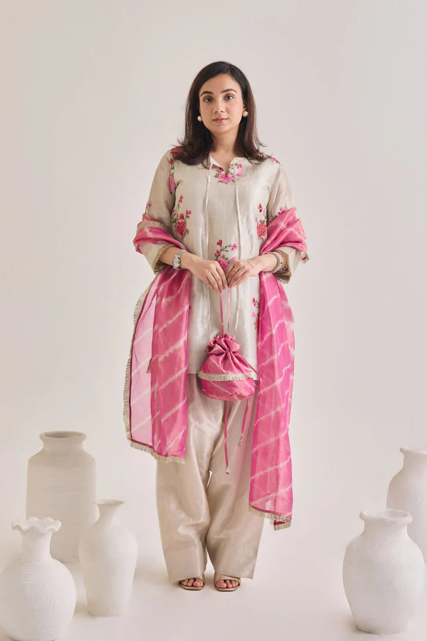 Silver Tissue Farsi Salwar Suit Set with Potli Bag| Essence by Monika