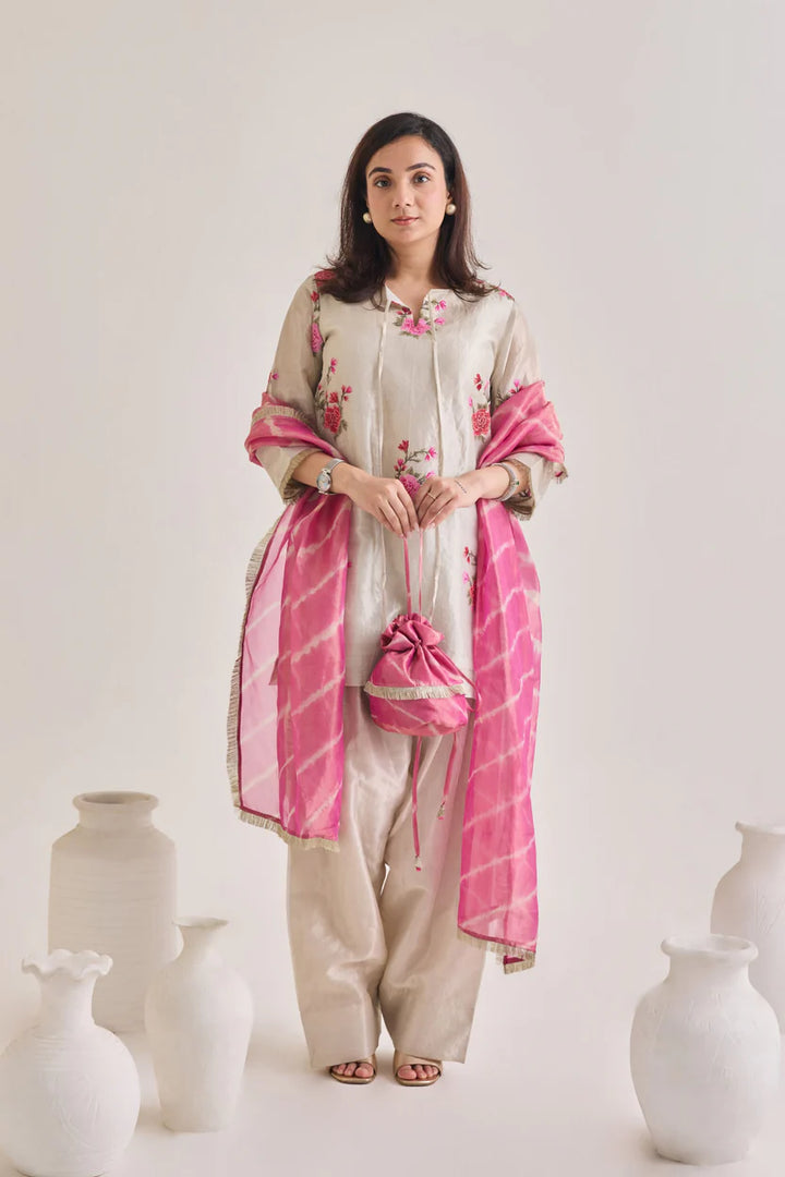 Silver Tissue Farsi Salwar Suit Set with Potli Bag| Essence by Monika