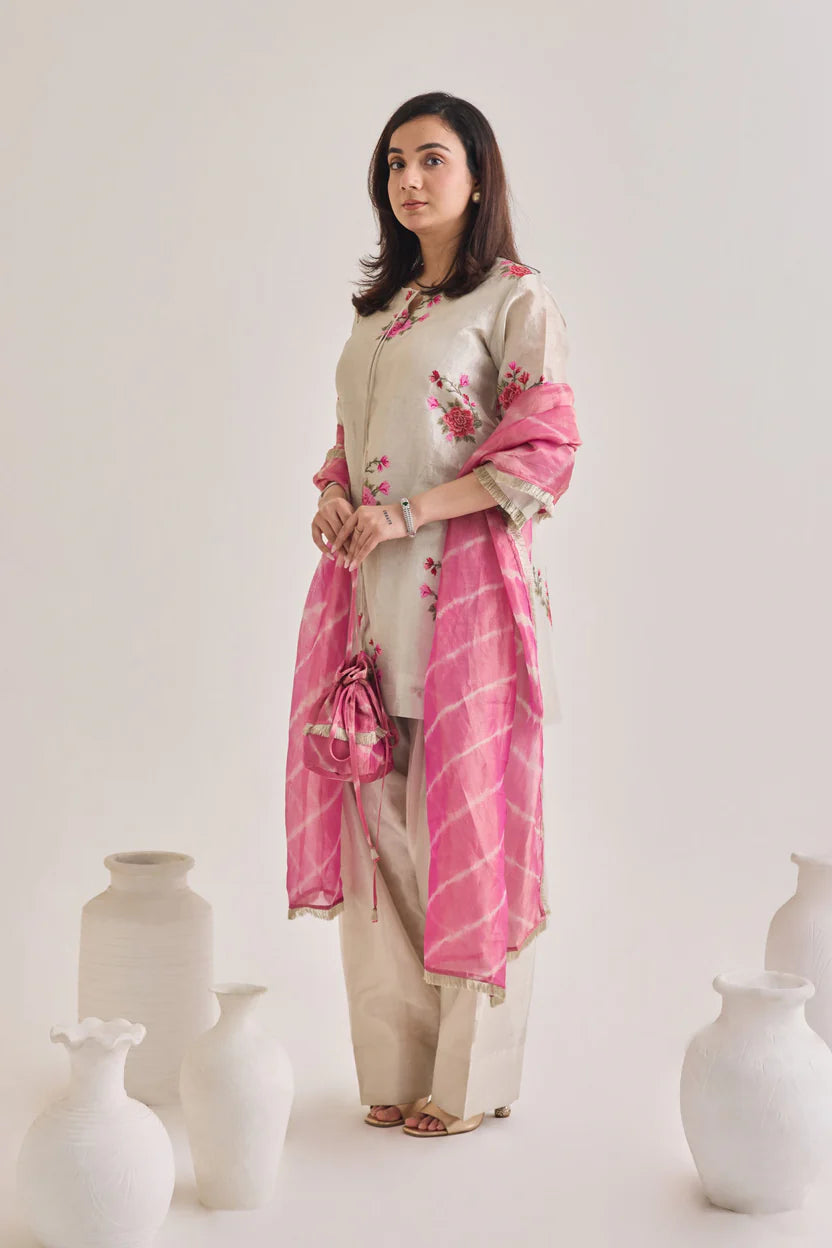 Silver Tissue Farsi Salwar Suit Set with Potli Bag| Essence by Monika