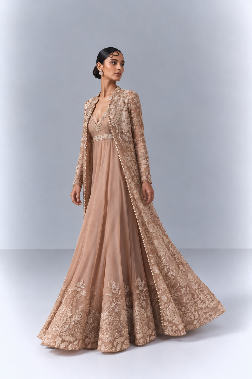 Peach Embroidered Anarkali Set with Jacket |VARUN BAHL