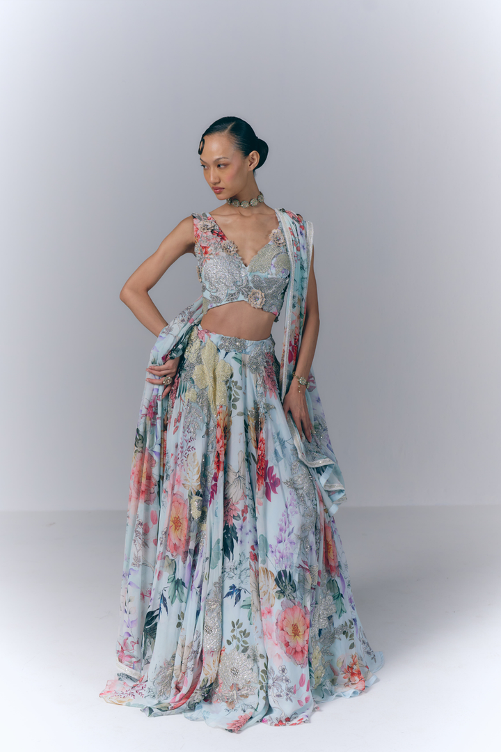 Ivory Aqua Bloom Lehenga Set |VARUN BAHL