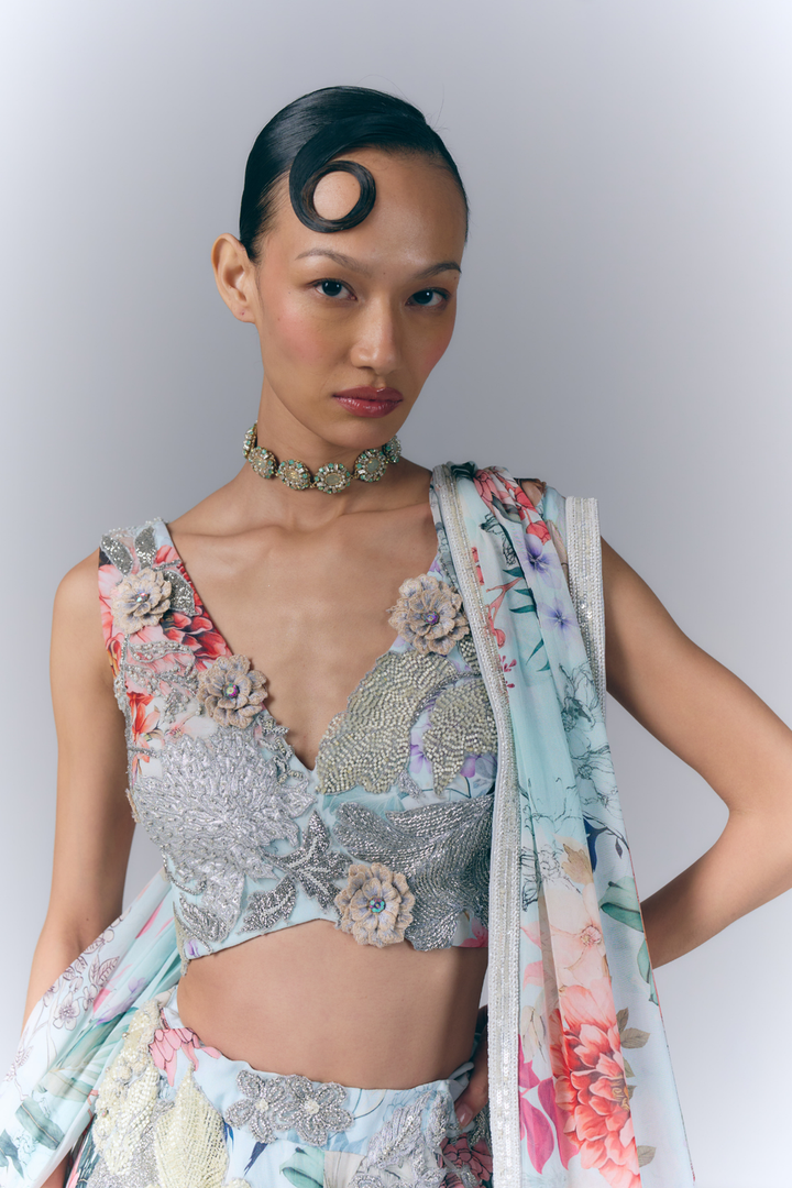 Ivory Aqua Bloom Lehenga Set |VARUN BAHL