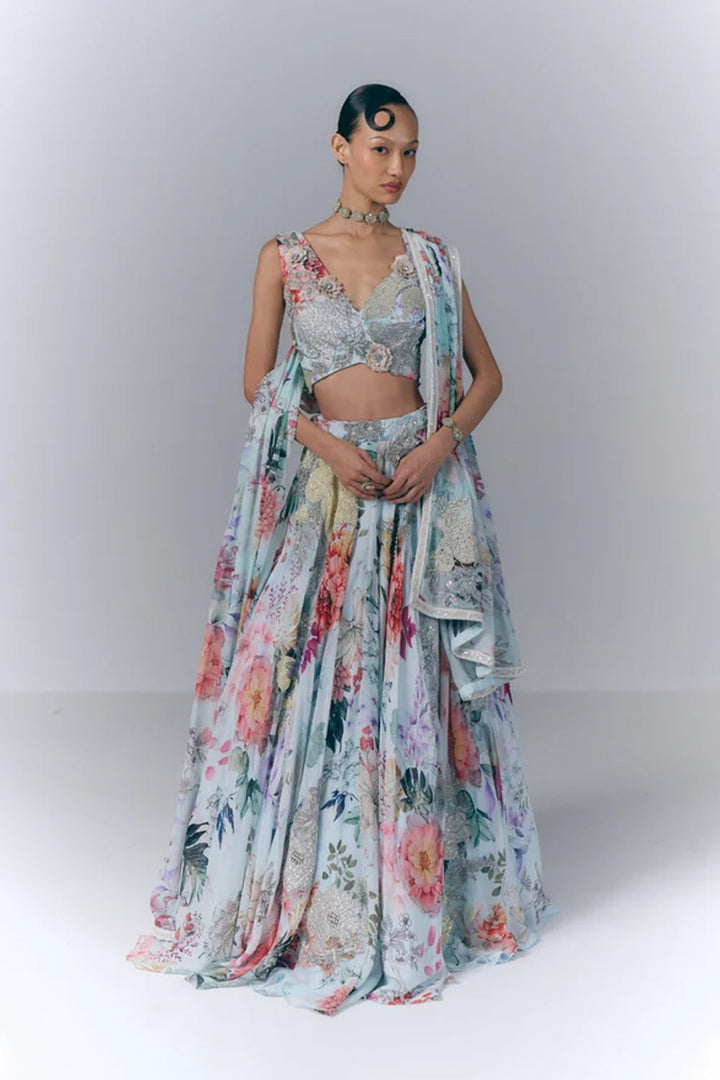 Ivory Aqua Bloom Lehenga Set |VARUN BAHL
