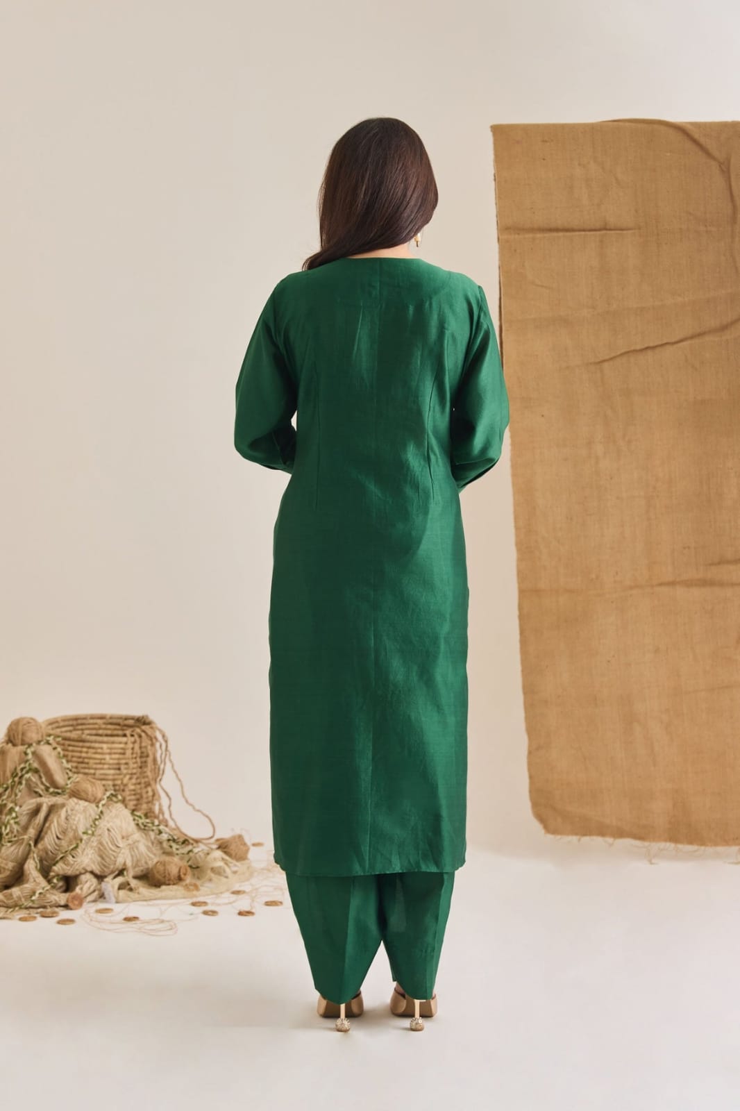 Emerald Green Chanderi Embroidered Long Kurta Set | Essence by Monika