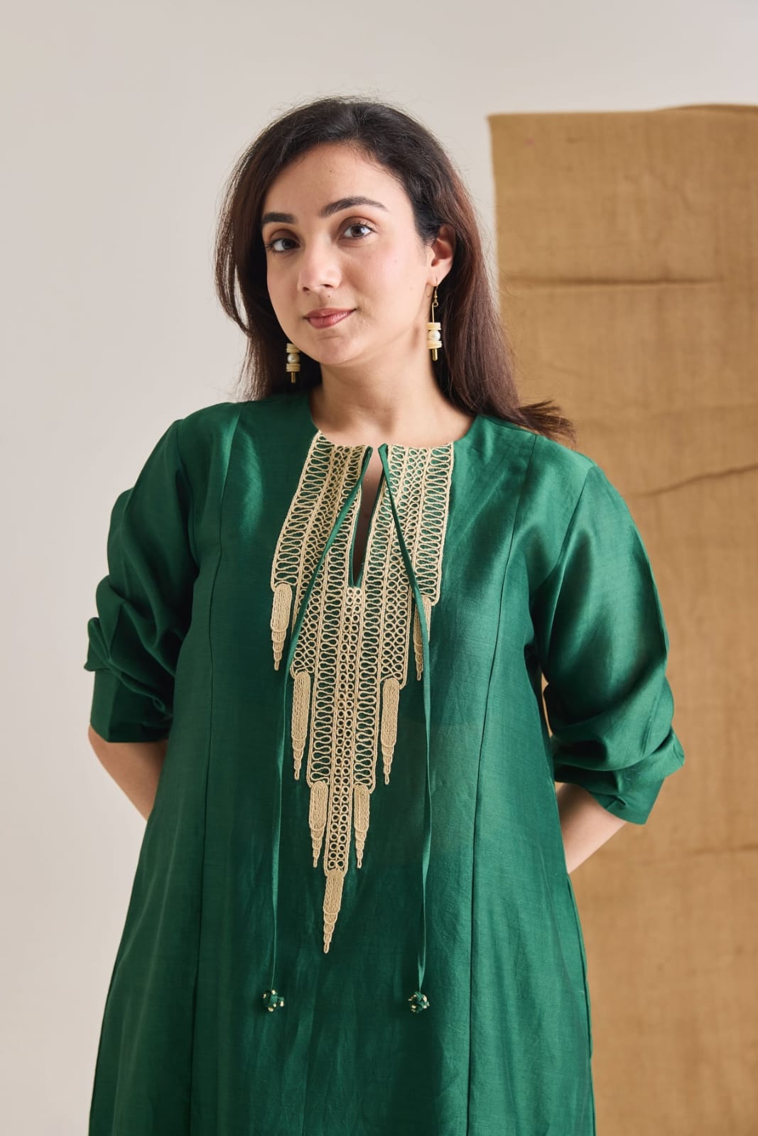 Emerald Green Chanderi Embroidered Long Kurta Set | Essence by Monika