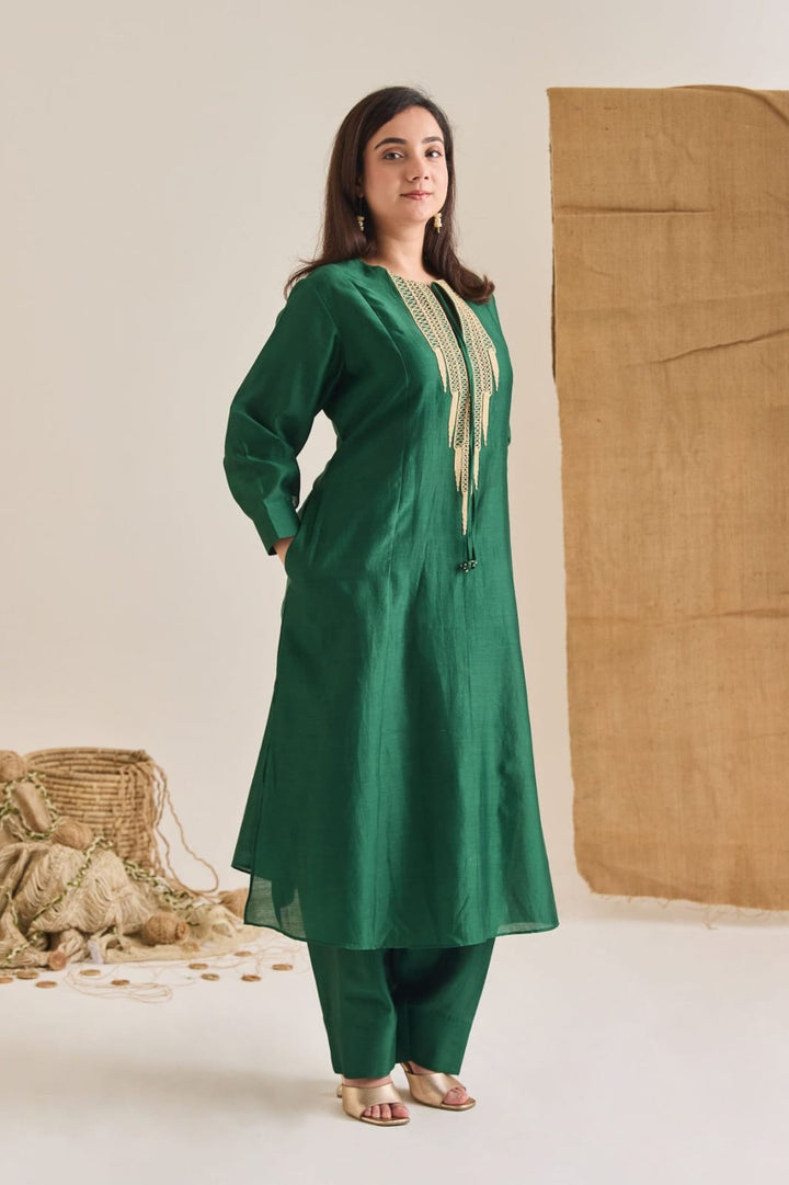 Emerald Green Chanderi Embroidered Long Kurta Set | Essence by Monika