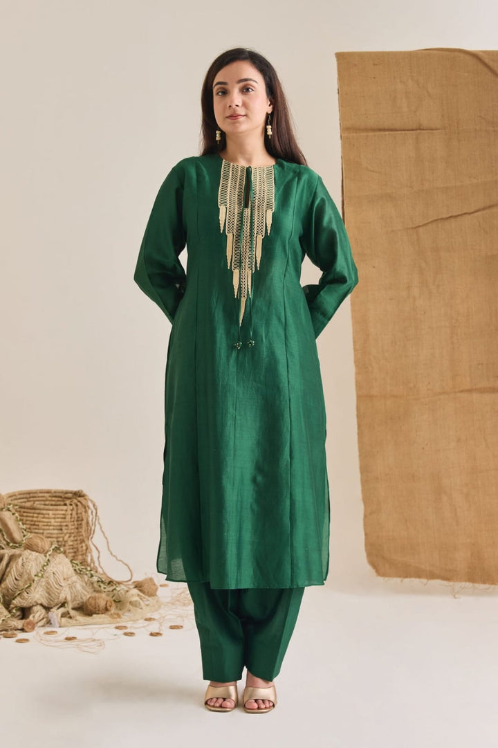 Emerald Green Chanderi Embroidered Long Kurta Set | Essence by Monika