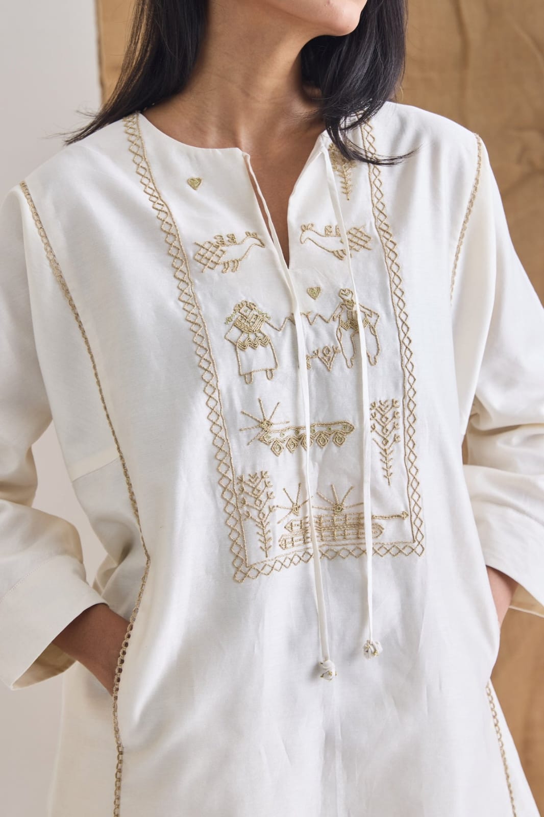 White Chanderi Embroidered Short Kurta Set | Essence by Monika