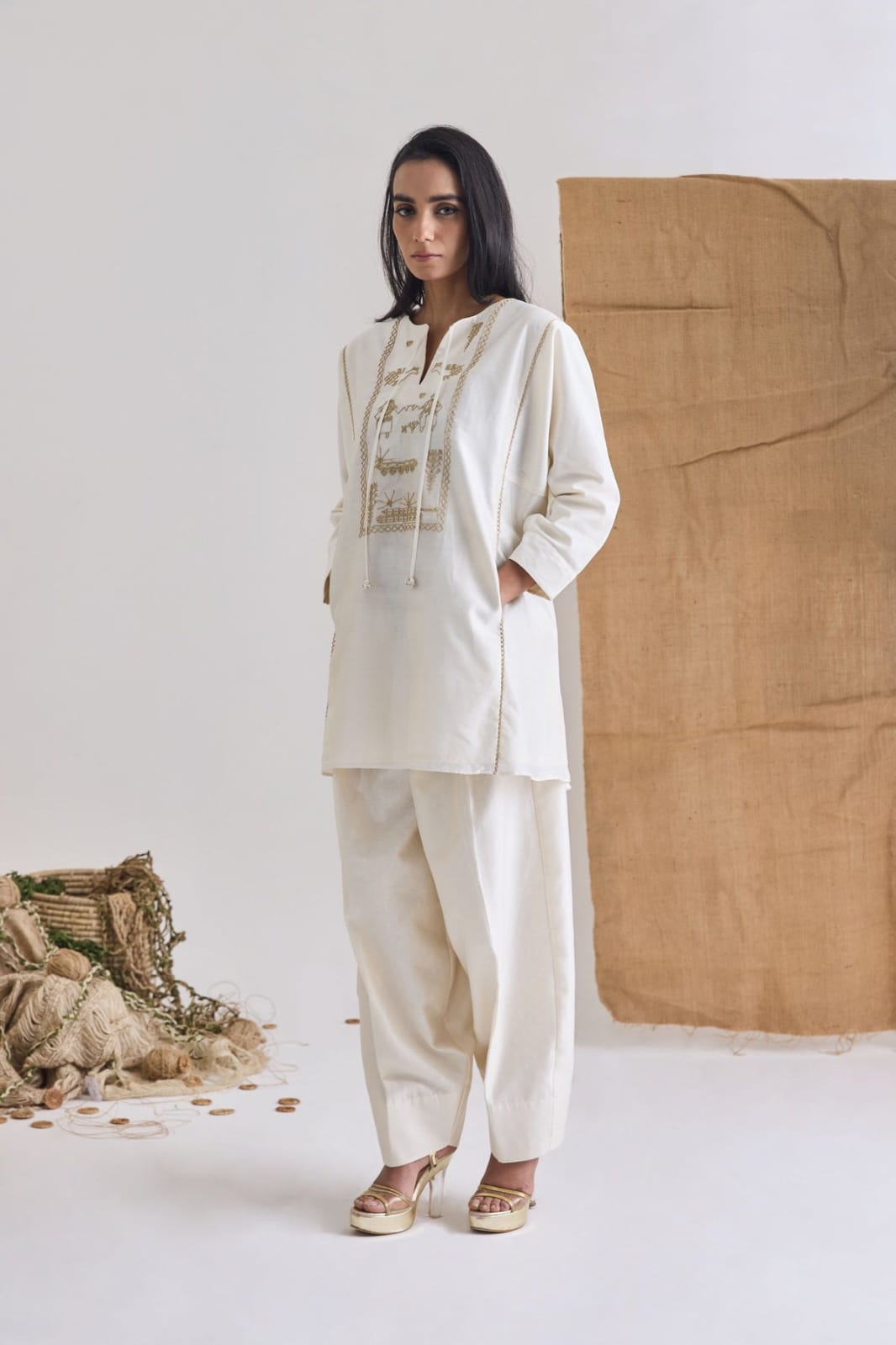 White Chanderi Embroidered Short Kurta Set | Essence by Monika