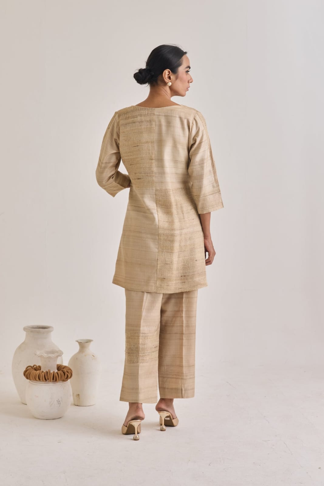 Hathkarga and Kora Tussar Blocked Co-ord Set | Essence by Monika