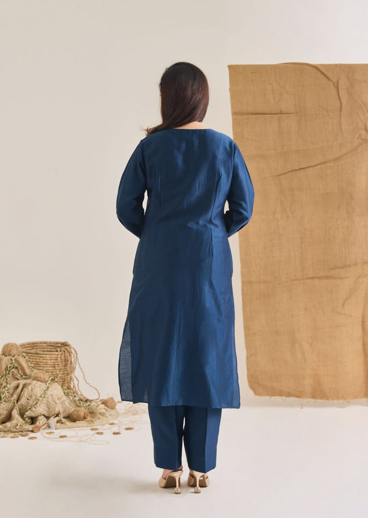 Blue Chanderi Jute Embroidered Long Kurta Set | Essence by Monika
