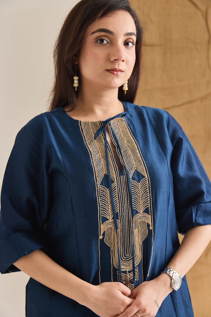 Blue Chanderi Jute Embroidered Long Kurta Set | Essence by Monika