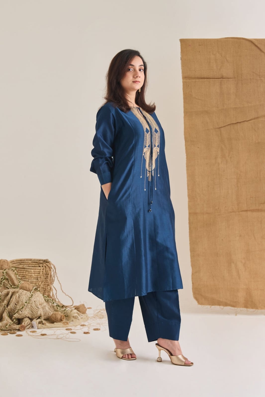 Blue Chanderi Jute Embroidered Long Kurta Set | Essence by Monika