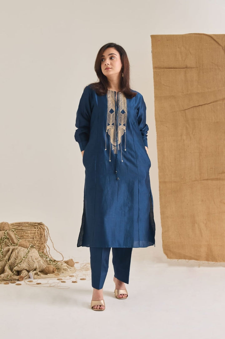 Blue Chanderi Jute Embroidered Long Kurta Set | Essence by Monika