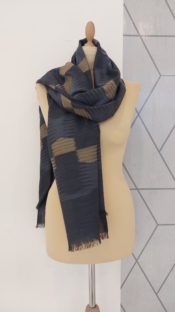 Ikat Design Cashmere Scarf in Midnight Blue Colour | House of Inaayat