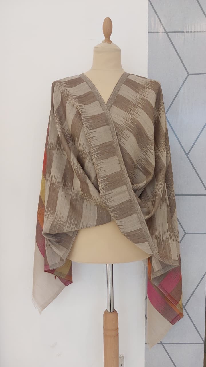 Ikat Design Cashmere Scarf in Beige Colour | House of Inaayat