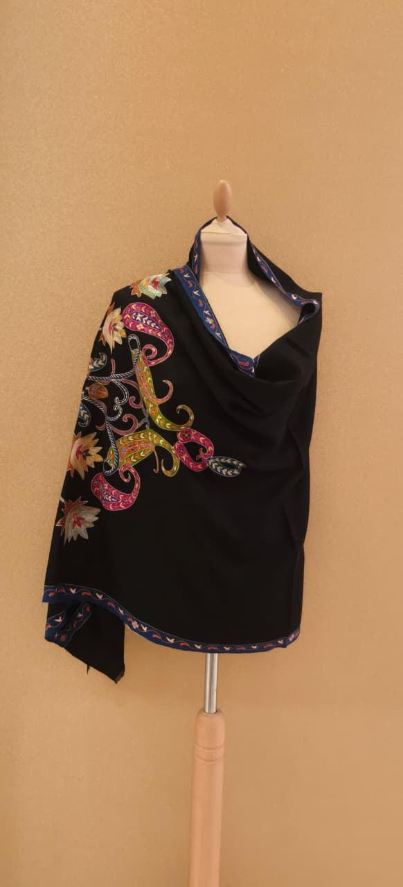 Shipra Midnight Black Kalamkari Pashmina Scarf| House of Inaayat