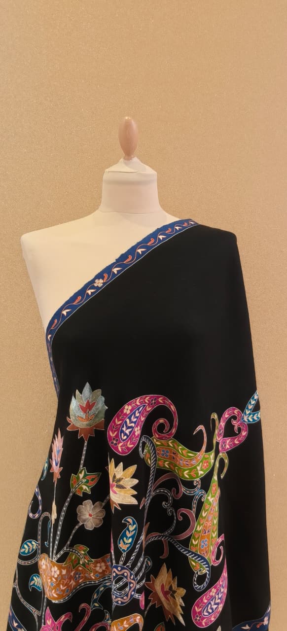 Shipra Midnight Black Kalamkari Pashmina Scarf| House of Inaayat