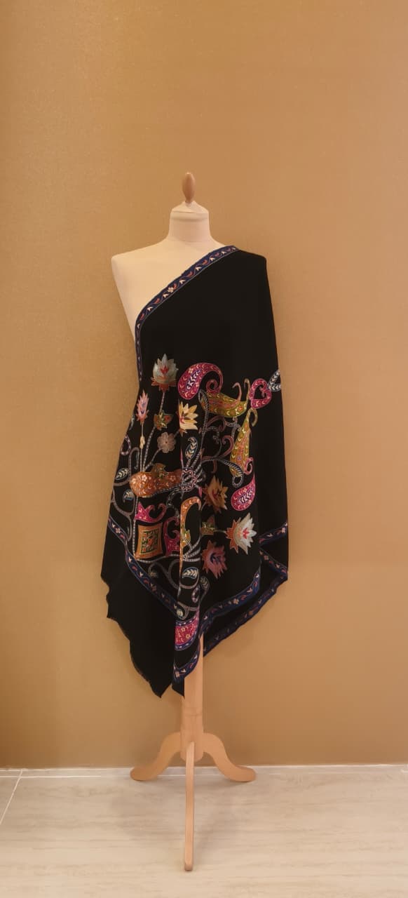Shipra Midnight Black Kalamkari Pashmina Scarf| House of Inaayat