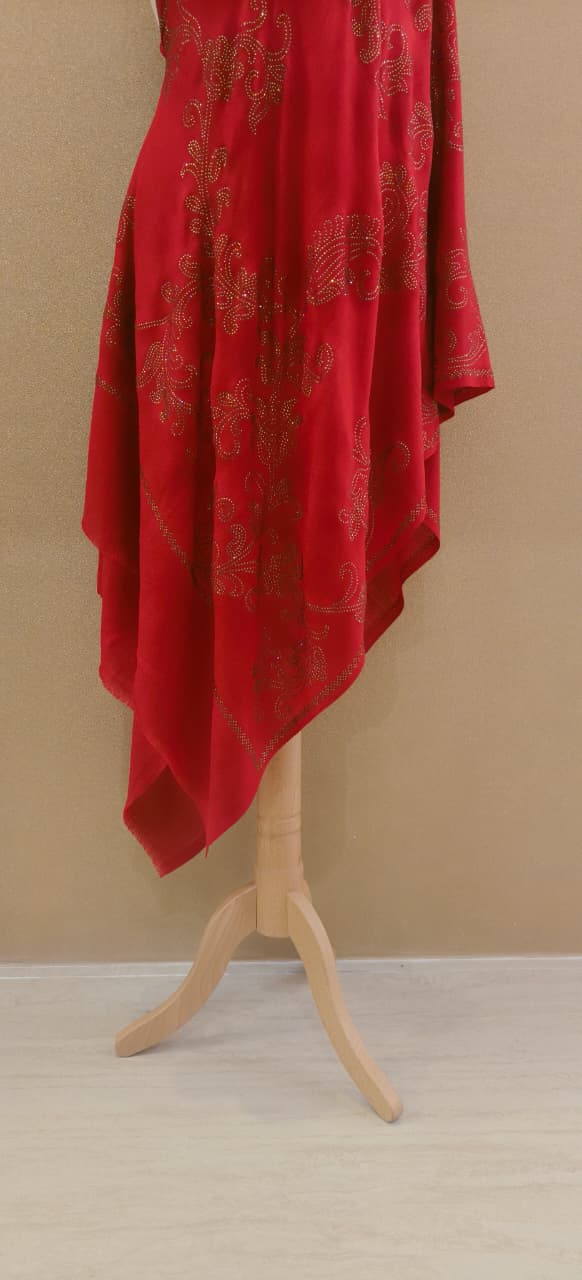Regal Crimson Scarf with Ornate Gold Crystal Filigre Scarf |House of Inaayat