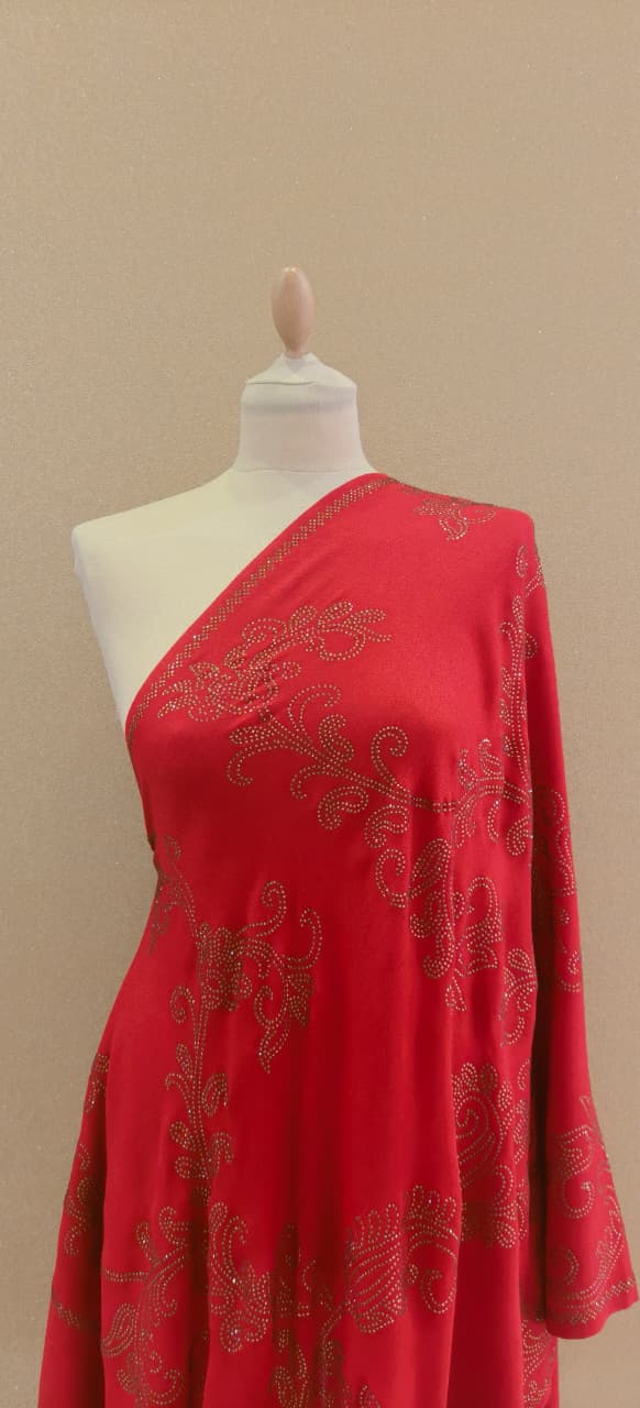 Regal Crimson Scarf with Ornate Gold Crystal Filigre Scarf |House of Inaayat