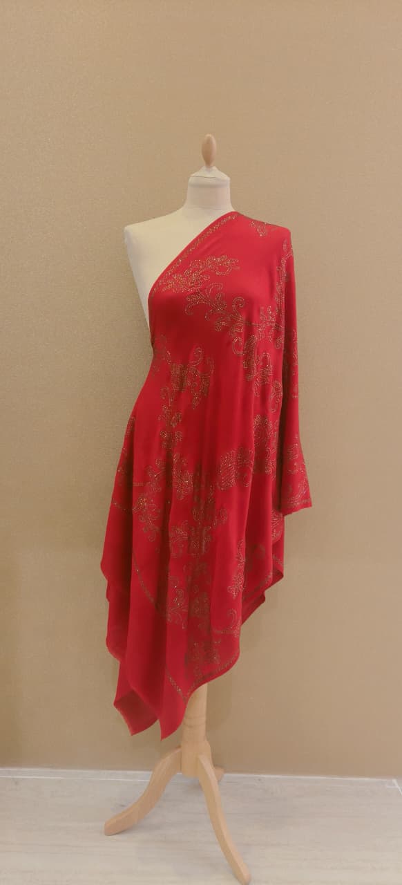 Regal Crimson Scarf with Ornate Gold Crystal Filigre Scarf |House of Inaayat