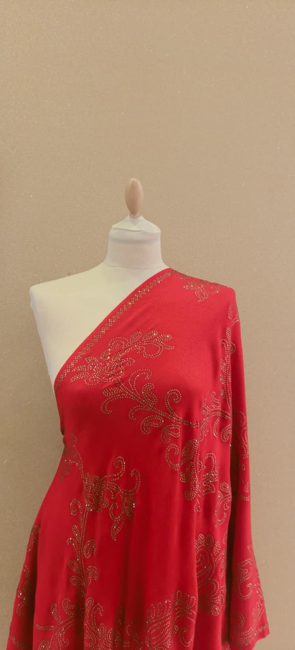 Regal Crimson Scarf with Ornate Gold Crystal Filigre Scarf |House of Inaayat